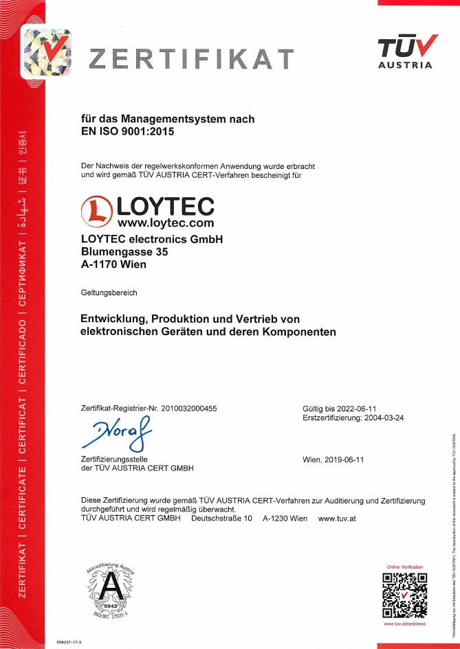 LOYTEC ISO9001 Certificate 2019